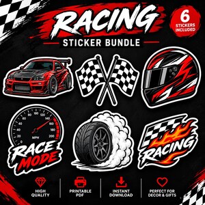 Puede incluir: Un paquete de seis pegatinas de carreras que incluye un coche deportivo rojo, dos banderas a cuadros cruzadas, un casco de carreras rojo y negro, un velocímetro con el texto Race Mode, un neumático con humo y una bandera a cuadros con llamas.