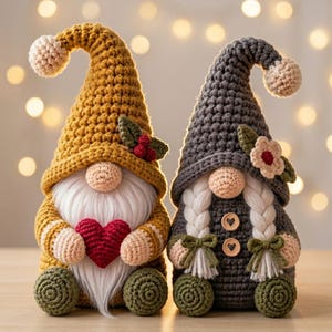 May include: Two crocheted gnomes with tall pointed hats. The left gnome is mustard yellow with a red heart and holly berries. The right gnome is charcoal gray with two white yarn braids, a cream flower, and two wooden buttons on the front.