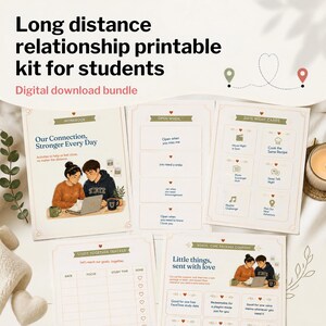Peut inclure: Un ensemble de documents numériques à imprimer pour les relations à distance, comprenant un cahier d'exercices, des lettres, des cartes de rendez-vous, un suivi d'étude et des bons. Les pages présentent des illustrations et du texte.