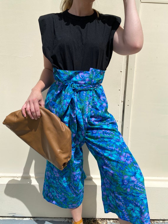 1970s Paperbag Waist Tropical Print Trousers