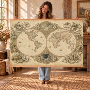 Op de afbeelding: Een wereldkaart wandhanger in vintage-stijl met twee cirkelvormige hemisferen, ingewikkelde decoratieve randen met mythologische figuren, hemelse illustraties en dieren, gemonteerd op een houten frame met een lichtbeige achtergrond.