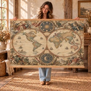 Op de afbeelding: Een rechthoekige wandhanger met een wereldkaart in vintage-stijl, gedrukt op stof en opgehangen aan een houten frame. De kaart toont twee cirkelvormige hemisferen, omringd door gedetailleerde illustraties van hemellichamen en zeilschepen.