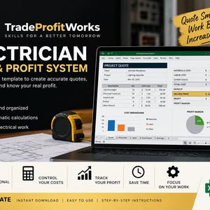Op de afbeelding: Een laptop met het TradeProfitWorks Electrician Quote & Profit System Excel-sjabloon. Het scherm toont een projectofferte, kostenoverzicht en winstmargegrafiek. Een meetlint en blauwdrukken zijn zichtbaar op het bureauoppervlak.