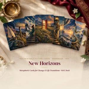 Könnte beinhalten: Ein Set von New Horizons Bildkarten mit sechs verschiedenen Landschaftsdarstellungen, darunter ein Segelboot, ein Leuchtturm und eine offene Tür. Der Text lautet 100 Printable Picture Cards, Guidebook, Box, New Horizons, Metaphoric Cards for Change & Life Transitions, MAC Deck.