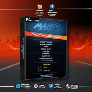 May include: A black PC CD-ROM case for MAME Multiple Arcade Machine Emulator featuring 2000 PC arcade games including Street Fighter, Mortal Kombat, Sonic, Metal Slug, Contra, Tekken, Rampage, and Dragon Ball Z with keyboard control instructions.