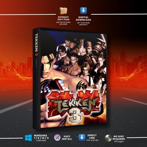Könnte beinhalten: Eine digitale Spielehülle für Tekken 3 mit einer Collage aus Charakterporträts und dem Spieletitel in fetter roter und goldener Schrift. Der Buchrücken zeigt den Text Tekken 3 Namco. Symbole weisen auf digitalen Download und Installation hin.