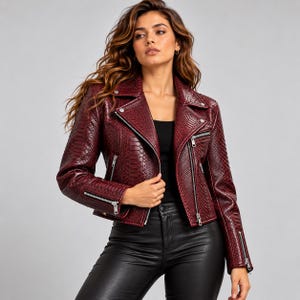 Handmade Genuine Leather Python Embossed Moto Jacket, Women's Burgundy Biker Jacket
