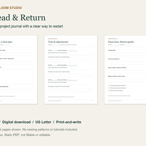 May include: A digital sewing project journal titled Thread & Return by Wunderloom Studio. The document features three pages with sections for project planning, tests and adjustments, and pausing, formatted for US Letter print-and-write use.