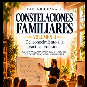 Puede incluir: Portada del libro Constelaciones Familiares Volumen II de Facundo Canale. La imagen muestra a un facilitador señalando un diagrama de árbol genealógico en una pizarra frente a un grupo de personas en una habitación iluminada por el sol.