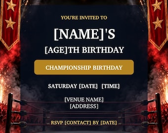 Personalised Championship Wrestling Birthday Invitation, Red Gold Party Invite, JPG and PDF