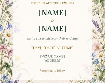 Personalised Floral Wedding Invitation, Evening Reception Digital Invite, JPG and PDF