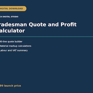 May include: A dark blue digital download graphic for a Tradesman Quote and Profit Calculator by Beech Digital Studio. It lists features including a 30-line quote builder, material markup calculations, and a labor and VAT summary in white text.