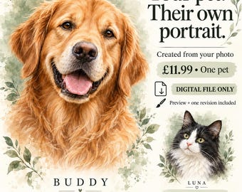 Personalised Pet Portrait from Photo, Custom Dog or Cat Art with Name, Digital Download