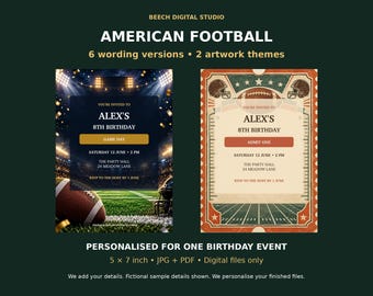 Personalised American Football Birthday Invitation Bundle, 6 Wording Styles, JPG & PDF