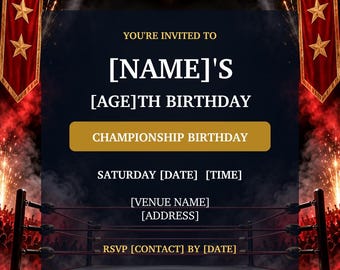 Personalised Wrestling Birthday Invitation, Red and Gold Championship Party Invite, JPG and PDF