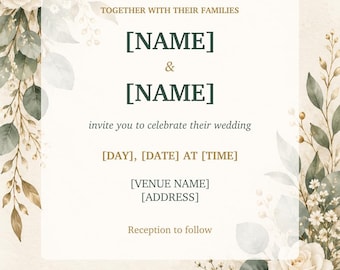 Personalised Sage Botanical Wedding Invitation, Floral Digital Invite, JPG and PDF