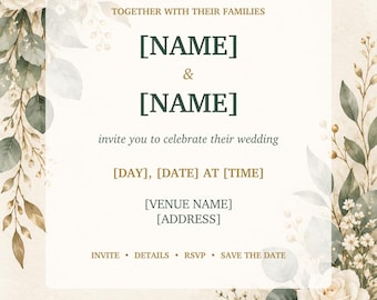 Personalised Floral Wedding Invitation, Botanical Printable Digital Invite, JPG and PDF