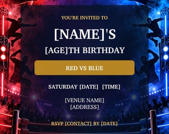 Personalised Red Versus Blue Wrestling Birthday Invitation, Digital Party Invite, JPG and PDF