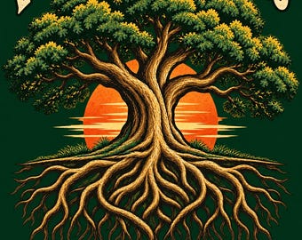 Canvasprint van een eikenboom, zelfs sterke wortels hebben steun nodig, groot formaat (40 x 60 cm) voor aan de muur.