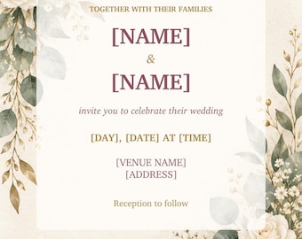 Personalised Blush and Gold Wedding Invitation, Floral Digital Invite, JPG and PDF