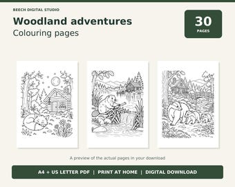 Woodland Colouring Pages – 30 Forest Animals & Cosy Cabins, A4 and US Letter PDF