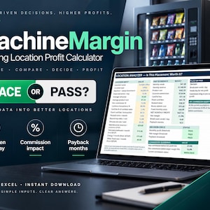 Può includere: Un calcolatore digitale di profitti per posizioni di distributori automatici MachineMargin visualizzato su uno schermo di un portatile. L'interfaccia mostra un foglio di calcolo con dati, indicatori economici e metriche decisionali. Include testo ed Excel.