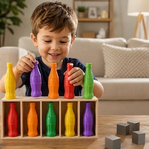 May include: A wooden sorting toy featuring ten miniature plastic bottles in various colours including red, orange, yellow, green, and purple. The bottles are arranged in a rectangular wooden frame with five vertical slots, with five bottles placed inside and five bottles being held or positioned above the frame.