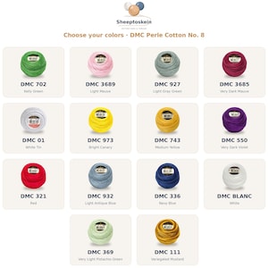 May include: A color chart for DMC Perle Cotton No. 8 thread featuring fourteen individual balls of yarn in various colors including Kelly Green, Light Mauve, Bright Canary, Red, Navy Blue, and White, each labeled with its specific DMC color code.
