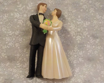 Vintage Wedding Couple-Dark Haired Bride and Groom - Groom Has On Black Jacket