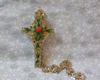 Large Gold Tone Cross Necklace - Very Unique - 3 D Cross W/Decoration - Pre-owned