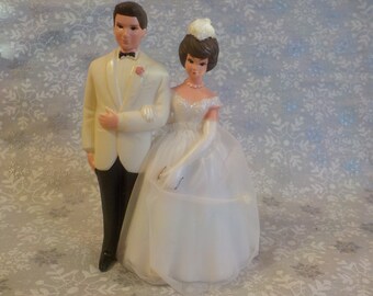 Vintage Wedding Couple Cake Topper - Never Used - Dark Haired Bride & Groom