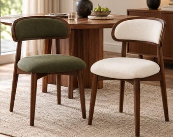 Upholstered Dining Chair, Mid Century Modern Curved Backrest, Walnut Finish, Olive Green or Cream