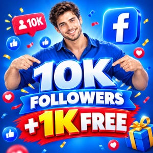 May include: A digital graphic featuring a smiling person in a blue shirt pointing at large 3D text that reads 10K FOLLOWERS + 1K FREE. The background is blue with floating Facebook icons, like symbols, heart icons, confetti, and a gift box.