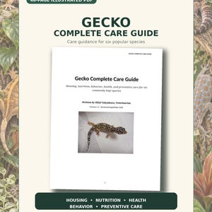 以下が含まれることがあります： 6種類の人気種を対象とした飼育ガイド「Gecko Complete Care Guide」の48ページのイラスト入りPDF。表紙には「Housing, nutrition, behavior, health, and preventive care」というテキストと、ヒョウモントカゲモドキの写真が掲載されています。