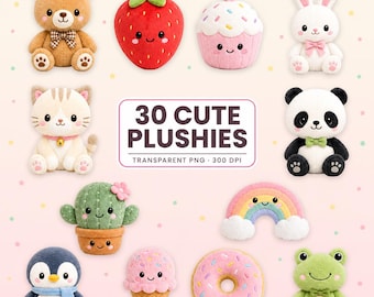 May include: A collection of 30 plushies featuring a brown bear, strawberry, cupcake, white rabbit, cat, panda, cactus, rainbow, penguin, ice cream cone, donut, and frog. The central text reads 30 CUTE PLUSHIES TRANSPARENT PNG 300 DPI.