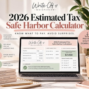 May include: A digital 2026 Estimated Tax Safe Harbor Calculator displayed on a laptop screen. The interface includes sections for entering information, safe harbor tests, and estimated payments, with a summary stating you are on track.