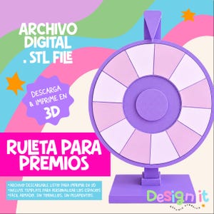 Op de afbeelding: Een paars prijzenwiel met afwisselend licht- en donkerpaarse segmenten, gemonteerd op een vierkante voet met een wijzer aan de bovenkant. De afbeelding bevat de tekst: ARCHIVO DIGITAL .STL FILE, DESCARGA & IMPRIME EN 3D, RULETA PARA PREMIOS en Design it.