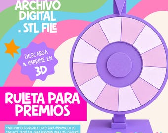 May include: A purple prize wheel with alternating light and dark purple segments, mounted on a square base with a pointer at the top. The image includes text: ARCHIVO DIGITAL .STL FILE, DESCARGA & IMPRIME EN 3D, RULETA PARA PREMIOS, and Design it.