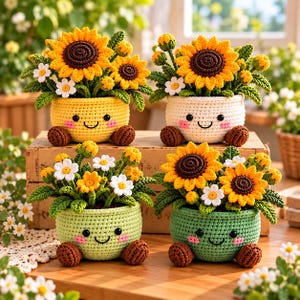 Könnte beinhalten: Vier gehäkelte Topfpflanzen mit gelben Sonnenblumen und weißen Gänseblümchen. Jede Pflanze steht in einem runden, gehäkelten Topf mit lächelndem Gesicht, rosa Wangen und zwei kleinen braunen Füßen. Die Töpfe sind gelb, weiß, hellgrün und dunkelgrün.