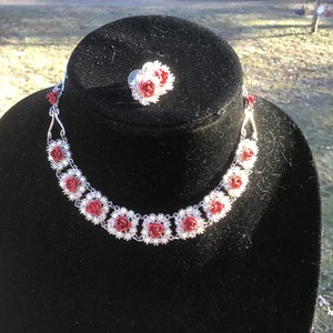 Vintage Red Rose & Colorful Rhinestones, Plus Post Earrings