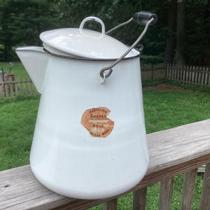 Large White Enamel Coffee Pot, Camping, Watering Pot, Porcelain Golden Rule, Enamel Ware