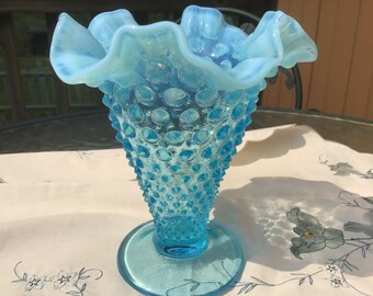 Vintage Fenton Blue Glass Hobnail Vase, Ruffled Opalescent Trim