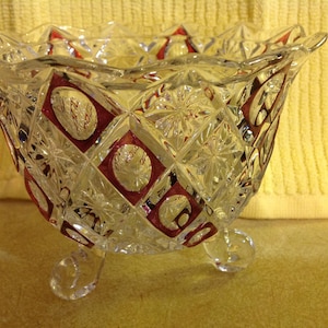 Vintage Clear Crystal & Cranberry Pattern Three Footed Candy Dish