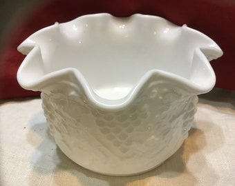 Vintage Imperial Ruffled Milk Glass Candy Dish Grape Pattern