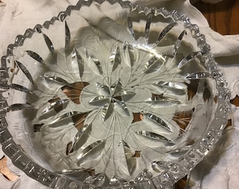 Vintage Saw Tooth Etched Clear Cut Glass Bowl Scalloped