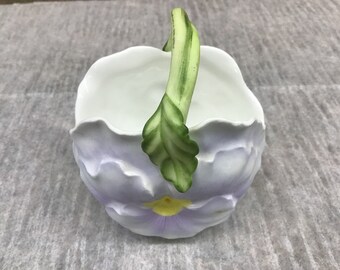 Vintage Enesco Bone China Lavender Pansy Basket With Handle, Collectable