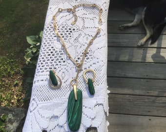 Vintage RLM SoHo Green Malachite Stone Necklace & Pierced Earrings