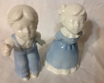 Vintage Schmid Japan White Glazed Boy And Girl With Blue Coveralls & Dress