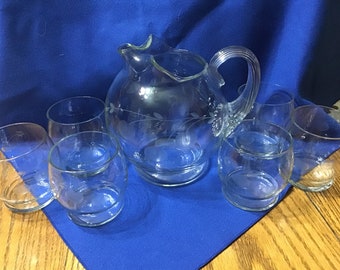 Vintage 1970s Ball Glass Mixing Pitcher/ Six Glass All Etched With Cherries