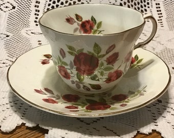 Vintage Royal Crest Fine Bone China Cup & Saucer Made In England, Bright Red Roses